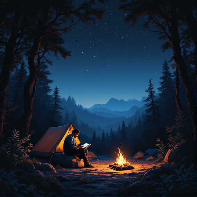 A serene night scene with a dark forest full of trees enveloping the cover. At the center, a man is sitting on a rock, deeply engrossed in reading a book. Nearby, a tent and a small bonfire emit a warm, golden glow, casting a soft light on the man and surrounding area. The sky above is starry, with a gradient of blue from dark at the top transitioning to a lighter hue at the bottom.