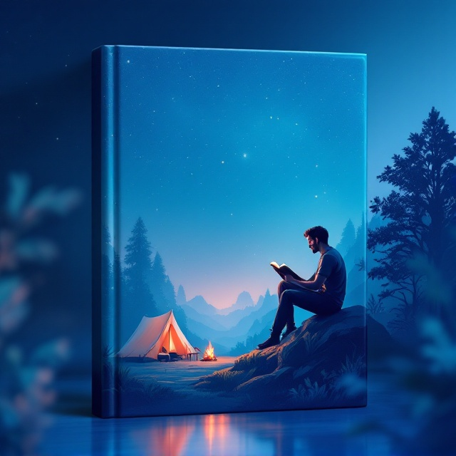 An illustration of a man sitting on a rock, reading a book under a starry night sky in a jungle. He is positioned slightly off-center to the right. A tent and a small bonfire are visible near him to the left, casting a warm glow that contrasts with the cool blues of the night sky. The background features a soft blue gradient from dark blue at the top to lighter blue at the bottom. The starry night sky is highlighted with twinkling stars and a subtle Milky Way effect.