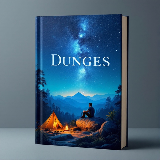 The cover features an illustration of a man sitting on a large rock under a spectacularly starry night sky, set within a dense jungle. Beside him, there's a tent and a small bonfire emitting a warm, inviting glow. The background exhibits a soft blue gradient transitioning from dark blue at the top to lighter blue at the bottom, enhancing the tranquil ambiance.