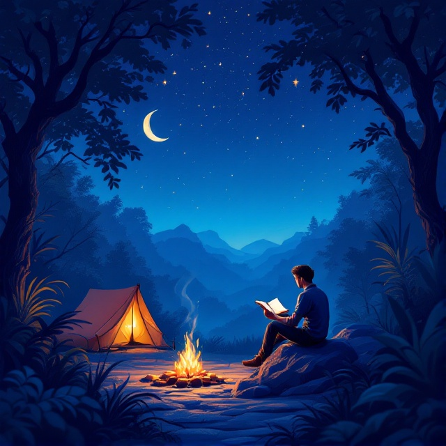 An illustration of a man sitting on a rock reading a book under a starry night sky. This scene is set within a dense jungle, with a tent and a small, warm bonfire nearby. The background features a soft blue gradient transitioning from dark blue at the top to lighter blue at the bottom, which enhances the tranquil ambiance.