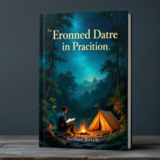 The cover features a lush, dense jungle painted in rich greens. Centrally, a man sits on a rock, engrossed in reading a book, with his face illuminated by the book's glow. Above him, the night sky is vast and deeply starry, with twinkling constellations and a soft gradient from dark blue to a lighter blue near the horizon. To the right, a cozy-looking tent is pitched, and a small bonfire casts a gentle, warm light around, the flames flickering softly.
