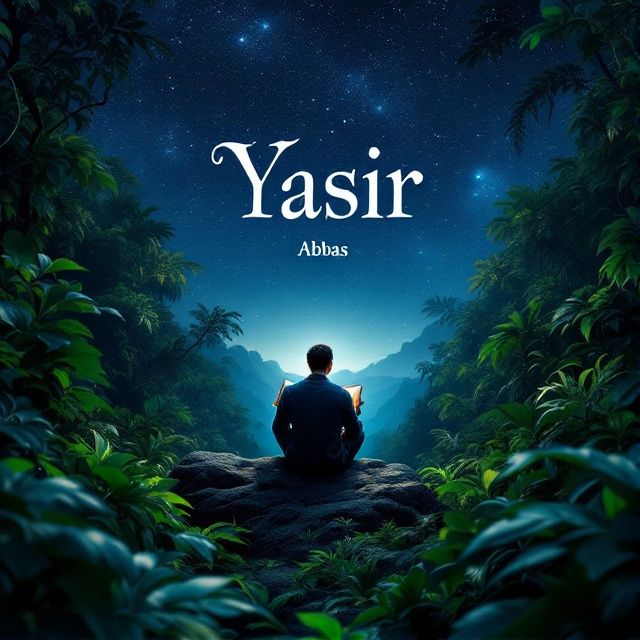 The cover captures a lush, dense jungle with deep green foliage. In the center, a man sits on a rock, immersed in a book with a luminous glow illuminating his face. Above him, the night sky is a vast expanse, filled with twinkling constellations and a gradient shifting from dark blue to lighter blue near the horizon.