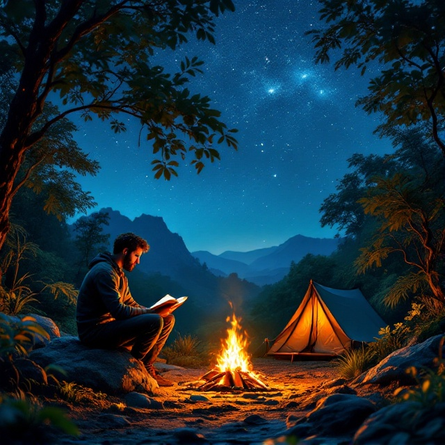 A serene jungle setting under a vast, starry night sky. A man is peacefully seated on a rock, engrossed in a book. A glowing bonfire casts a warm light, contrasted by the cool tones of the starry night. A cozy tent is visible in the background, blending into the natural foliage. The colors are a mix of deep blues, greens, and the fiery orange of the flames.