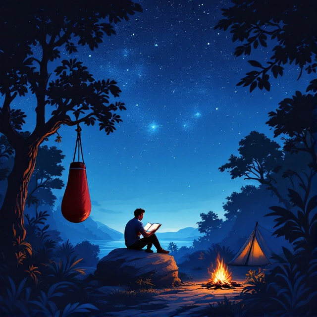 The cover features an intricately illustrated scene of a man sitting on a rock, reading a book under a vast, starry night sky. Surrounding him is a dense jungle, with silhouettes of trees creating a natural frame. A boxing bag hangs prominently from a tree on the left side. Near the man, a tent and a small bonfire add warmth to the scene, both visually and atmospherically. A soft blue gradient transitions from a deep midnight blue at the top, down to a lighter shade at the bottom, evoking the sense of depth and serenity in the night sky.
