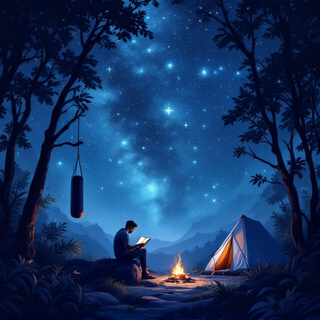 The cover portrays an illustrated scene of a man sitting on a rock, deeply engaged in reading a book under a vast, mesmerizing starry night sky. The dense jungle creates an immersive natural setting, with silhouetted trees forming a boundary around the scene. A boxing bag prominently hangs from a tree on the left, suggesting discipline and training. Nearby, a cozy tent and a glowing small bonfire bring warmth and depth, creating an inviting atmosphere. A soft blue gradient transition from deep midnight blue at the top to a light shade of blue at the bottom illustrates the depth and serenity of the night sky.