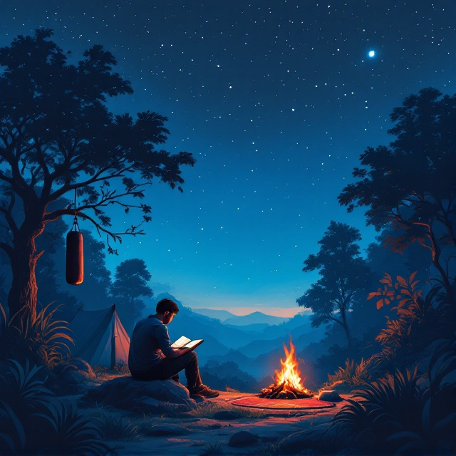 An illustration of a man sitting on a rock, reading a book under a vast, starry night sky. He is surrounded by a dense jungle with silhouettes of trees creating a natural frame. On the left side, a boxing bag hangs prominently from a tree. Near the man, a tent and a small bonfire are depicted, adding warmth to the scene both visually and atmospherically. Near the bonfire, a Muslim prayer rug and Quran are laid out. The sky features a soft blue gradient transitioning from a deep midnight blue at the top to a lighter shade at the bottom, evoking the depth and serenity of the night.