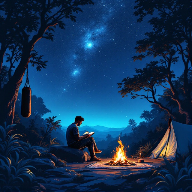 An illustration of a man sitting on a rock, reading a book under a vast, starry night sky. He is surrounded by a dense jungle with silhouettes of trees creating a natural frame. On the left side, a boxing bag hangs prominently from a tree. Near the man, a tent and a small bonfire are depicted, adding warmth to the scene both visually and atmospherically. Near the bonfire, a Muslim prayer rug and Quran are laid out. The sky features a soft blue gradient transitioning from a deep midnight blue at the top to a lighter shade at the bottom, evoking the depth and serenity of the night.