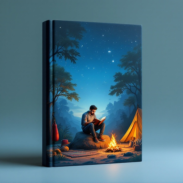 An illustration of a man sitting on a rock at the center of the cover, reading a book under a starry night sky in a jungle setting. On the right side, near the man, there's a tent with a small bonfire casting a warm glow. On the left side, a boxing bag is tied to a tree, and near the tent, there is a Muslim prayer rug placed. The background features a soft blue gradient from dark blue at the top to lighter blue at the bottom.