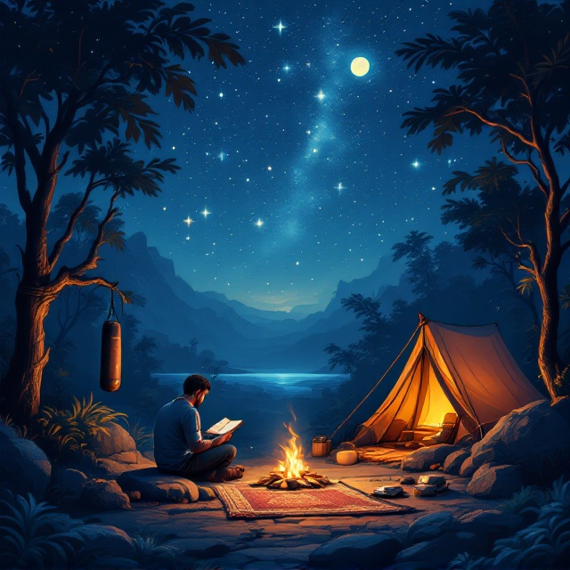An illustration featuring a man sitting on a rock at the center of the cover, reading a book under a mesmerizing starry night sky. The jungle setting is lush and detailed, with a tent on the right side near the man, emitting a warm glow from a small bonfire. To the left, a boxing bag is tied to a tree. Near the tent, a Muslim prayer rug is laid out with the Quran and Tasbeeh. The background transitions from a dark blue at the top, blending gracefully into a lighter blue at the bottom.