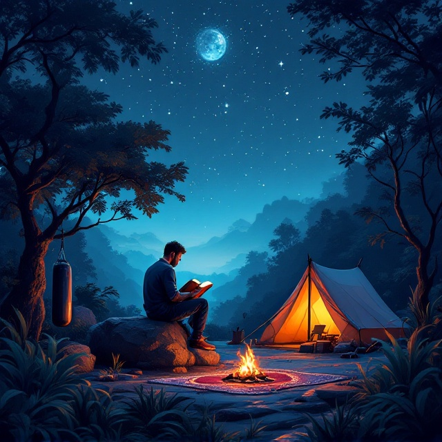 An illustration featuring a man sitting on a rock at the center of the cover, reading a book under a mesmerizing starry night sky. The jungle setting is lush and detailed, with a tent on the right side near the man, emitting a warm glow from a small bonfire. A boxing bag is tied to a tree on the left. Near the tent, a Muslim prayer rug is laid out with the Quran on a Quran reading holder and Tasbeeh on prayer mat. The background transitions from a dark blue at the top, blending gracefully into a lighter blue at the bottom.