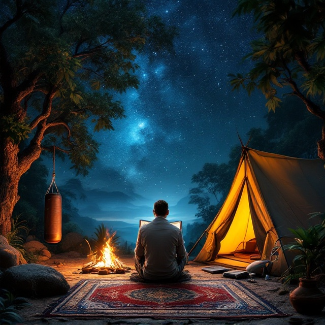 A man sits comfortably on a central rock, reading a book under a mesmerizing starry night sky, surrounded by a lush jungle. To his right, a cozy tent emits a warm glow from a small bonfire. On the left, a boxing bag hangs from a tree. Near the tent, a beautifully detailed prayer rug in reds, blues, and golds is laid out, with an open Quran and a Tasbeeh beside it, adding a spiritual touch.