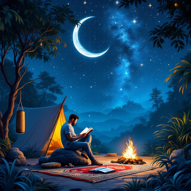 A man sits comfortably on a central rock, reading a book under a mesmerizing starry night sky, surrounded by a lush jungle. To his right, a cozy tent emits a warm glow from a small bonfire. On the left, a boxing bag hangs from a tree. Near the tent, a beautifully detailed prayer rug in reds, blues, and golds is laid out, with an open Quran and a Tasbeeh beside it.