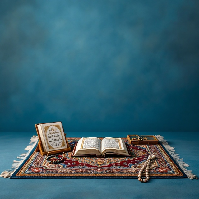 A beautifully detailed prayer rug is laid out on the ground, featuring intricate patterns in rich reds, deep blues, and shimmering golds. On the prayer mat, a Quran rests on a wooden Quran holder, its pages delicately open. Beside it, a Sajdagah and Tasbeeh (prayer beads) are placed carefully on the mat, evoking a serene moment of spiritual reflection. The background is a gradient of tranquil blues, adding depth and a sense of calm to the overall design.