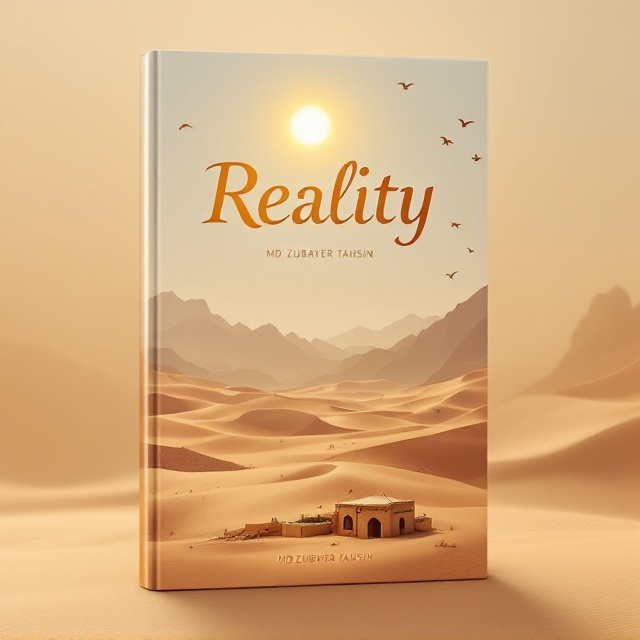 A serene desert landscape stretches across the cover with a bright, clear daytime sky. The sun, in its golden brilliance, shines at the top center. Birds soar across the sky, conveying freedom. In the foreground, there is a small, humble Arabian hut nestled among winding sand dunes. Rugged mountains loom in the distant background, creating a sense of depth and peace.