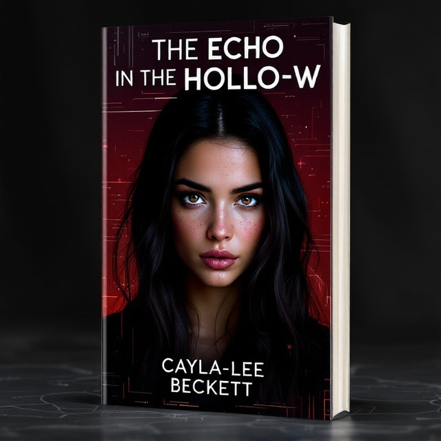 The cover showcases a woman and her hologram standing side by side. The woman is depicted with long, dark hair cascading over her olive skin, adorned with freckles and deep brown eyes that seem searching. The hologram is a near-exact replica but slightly distorts at the edges, giving it an eerie and elusive appearance. The background is a deep maroon with abstract, glitchy patterns that hint at a digital world behind them.