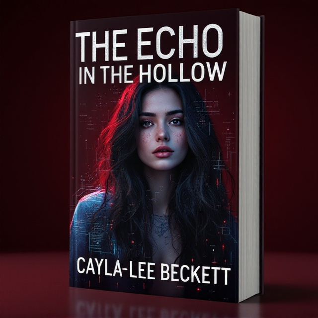 A hologram of a woman with long, dark hair, freckles, dark eyes, and olive skin hovers centrally against a maroon background. The hologram is slightly pixelated to enhance the science fiction theme and create an aura of digital mystique. Surrounding the figure are faint, glitch-like lines that shimmer, giving a sense of unease and distortion.
