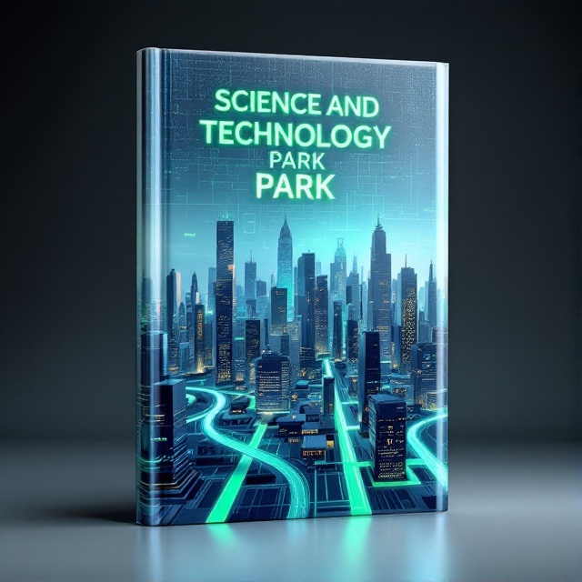 An intricate and futuristic cityscape illustration of a science and technology park, featuring sleek buildings with mirrored surfaces, interconnected by glowing, neon-green pathways. The skyline is dotted with digital screens displaying abstract scientific data, with a subtle grid pattern in the background to evoke a sense of precision and order. The color palette is predominantly silver and blue with pops of neon green, representing innovation and progress.