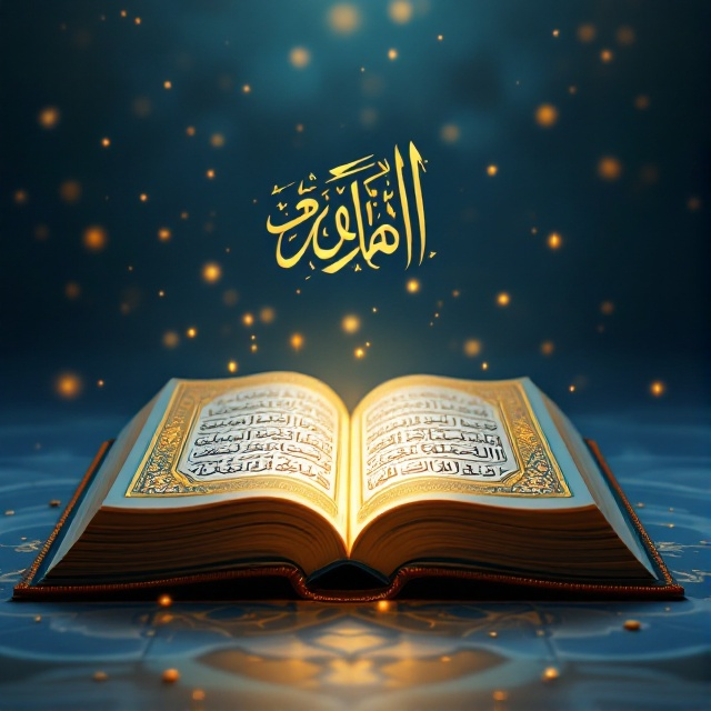 An intricate illustration of the Holy Quran with its rich ornamentation placed centrally on the cover. The Quran is depicted open, revealing its elegant Arabic calligraphy, illuminated with a gentle, divine light emanating from its pages. The background incorporates a serene blue gradient, representing tranquility, with subtle, abstract patterns inspired by Islamic art encircling the Quran.