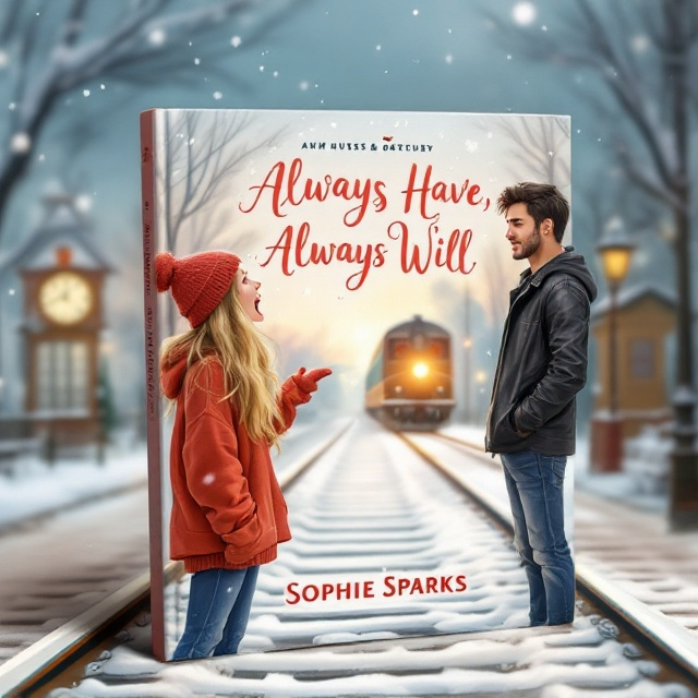 The cover features an illustrated scene with pastel colors, depicting a girl with long blonde hair in a baggy red sweater, animatedly shouting at a tall, dark-haired handsome guy in a black leather jacket and blue jeans. The setting is a snowy railway track with a train approaching from a distance. Snowflakes fall gently from the sky, and a robin perches on a clock at a charming train station in the background, adding a festive touch.