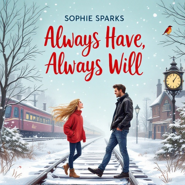 A pastel background showcases an illustrated graphic of a girl with long blonde hair and a baggy red sweater standing on a snowy railway track. She's animatedly shouting at a tall, dark-haired handsome guy in a black leather jacket and blue jeans, who is smirking. Snow falls from the sky, and there's a train coming in the distance. A robin sits on a clock at the train station in the background.