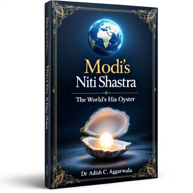 The cover features a prominent world globe in the upper half, symbolizing global influence and strategy. In the foreground, an open oyster with a luminous pearl emanates a soft glow, signifying wisdom and opportunity. The background is a deep blue with royal hues, suggesting power and authority, with subtle Indian motifs and patterns around the edges to incorporate traditional aspects.