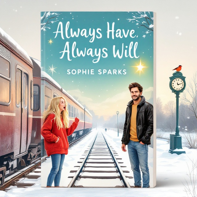 Illustrated, graphic art cover featuring a winter-themed pastel color palette. The design depicts a snowy railway track scene with two distinct characters on either side, partially obscured by a train. The female character is drawn with long blonde hair and a baggy red sweater, animatedly shouting. Opposite her is a tall, dark-haired man in a black leather jacket and blue jeans, sporting a playful smirk. In the sky, a glowing star twinkles, and there's a detailed illustration of a robin perched on a clock at the train station.