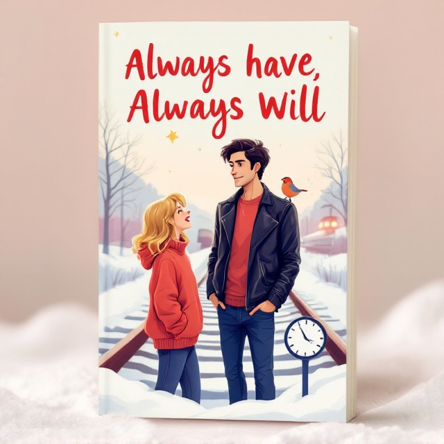 The cover features a pastel snowy landscape with a railway track in the foreground, showcasing an illustrated blonde-haired girl in a baggy red sweater on the left, her expression animated as she shouts. Opposite her, a tall, dark-haired handsome guy stands with a smirk, clad in a black leather jacket and blue jeans. In the background, a train approaches from a distance, while a star twinkles in the sky above. A robin perches delicately on a clock positioned to the side, adding a whimsical touch.