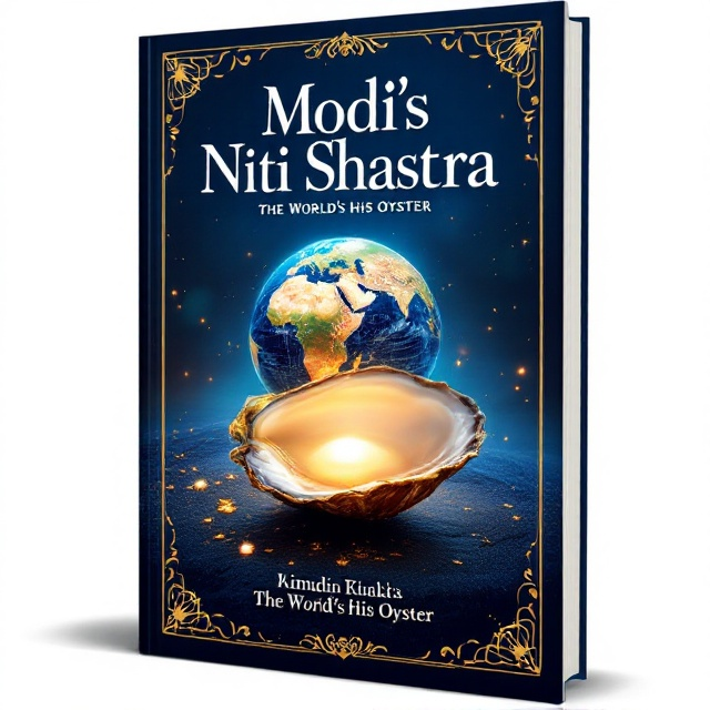 The cover features a vibrant world globe at the center, slightly tilted to suggest forward momentum and global strategy. In the foreground, an open oyster with a shimmering, luminous pearl is prominently displayed, symbolizing wisdom and opportunity. The background is a rich, deep blue, infused with royal tones, exuding a sense of power and authority. Around the edges, delicate Indian motifs subtly enhance the traditional element, creating a border that frames the central imagery.