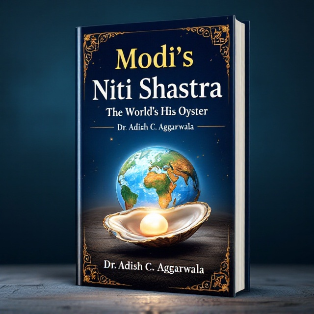 The cover features a richly illustrated world globe at the center, symbolizing global influence and strategy. In the foreground, an open oyster with a luminous pearl is depicted, representing wisdom and opportunity. The background is deep blue with a gradient effect flowing towards royal colors, indicating power and authority. Indian motifs and patterns subtly frame the edges of the cover to incorporate traditional elements.