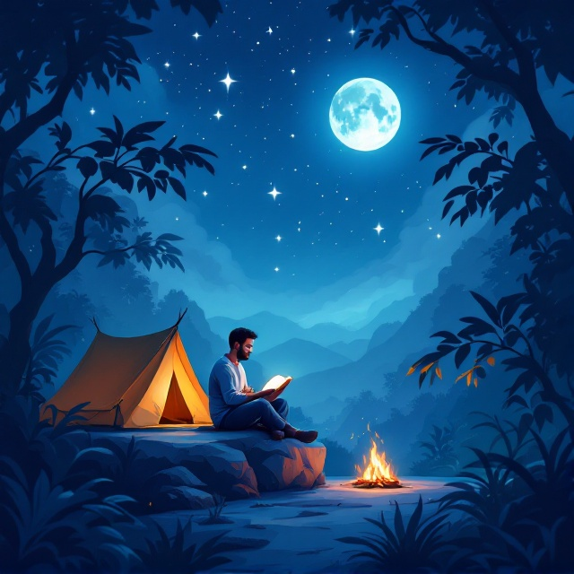 An illustration of a man sitting on a rock, reading a book under a starry night sky in a jungle. A Muslim prayer mat, tent, and a small bonfire are visible near him, casting a warm glow that contrasts with the cool blue tones of the sky. The jungle's foliage is subtly framed around the edges, creating a sense of depth. The entire cover uses a soft blue gradient from dark blue at the top to lighter blue at the bottom. Stars are scattered across the sky, with the moon peeking through to give a serene feel.