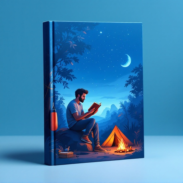 The cover features an illustration of a man sitting on a rock, reading a book under a starry night sky in a jungle. To the left, a boxing bag is tied to a tree. A Muslim prayer mat, tent, and a small bonfire are visible near him, casting a warm glow that contrasts with the cool blue tones of the sky. The jungle's foliage is subtly framed around the edges, creating a sense of depth. Stars are scattered across the sky, with the moon peeking through to give a serene feel. The entire cover uses a soft blue gradient from dark blue at the top to lighter blue at the bottom.