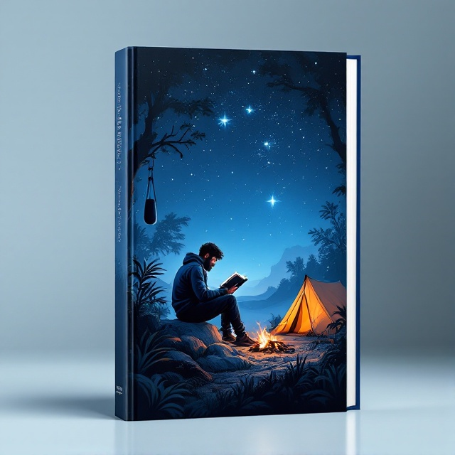 The cover showcases a central illustration of a man sitting on a rock, intensely reading a book under a captivating starry sky. The top of the cover is dark blue, which transitions smoothly to a lighter blue towards the bottom. On the right side, a tent is set up near the man, with a warm glow from a small bonfire. On the left, a boxing bag hangs from a tree amidst the lush jungle.