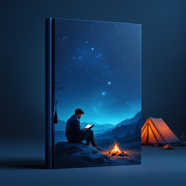 A solitary man sits on a rock at the center bottom of the cover, deeply engrossed in a book under a mesmerizing starry sky. The dark blue night sky at the top transitions smoothly to a lighter blue near the bottom. On the right side, a tent glows warmly from a campfire, while on the left, a boxing bag hangs from a tree, adding a touch of discipline and self-improvement.