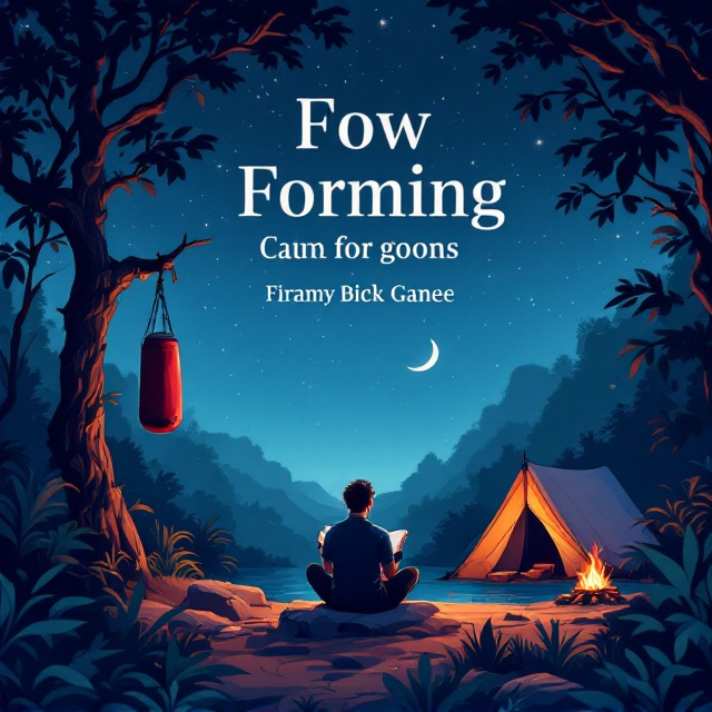 An illustrated scene features a man sitting cross-legged on a rock, immersed in a book. The setting is a lush jungle under a serene, starry night sky. To his left, a boxing bag hangs from a sturdy tree branch, symbolizing discipline and resilience. Beyond him, a small bonfire casts a gentle, inviting glow near a pitched tent, adding a sense of adventure and warmth. In the background, the soft blue gradient transitions from dark to light, enhancing the scene's tranquil yet motivating atmosphere.