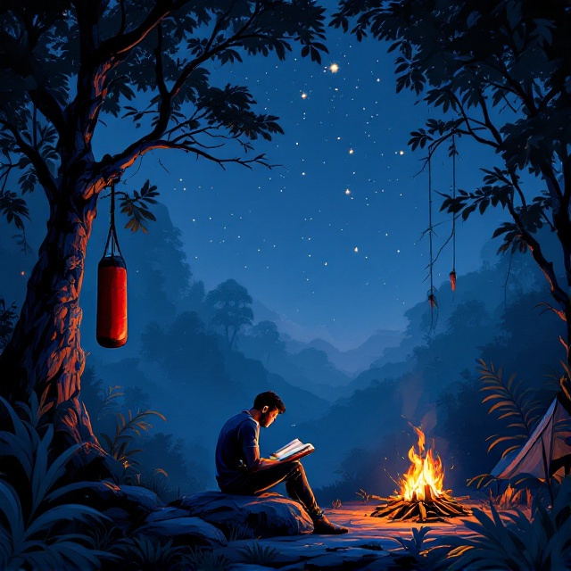 A serene nighttime jungle setting with deep blue hues serves as the background. A man sits on a rock in the center, deeply engrossed in a book. On his left, a boxing bag hangs from a sturdy tree branch. To the right, a small bonfire emits a soft, golden glow near a pitched tent. Above, the sky is filled with twinkling stars.