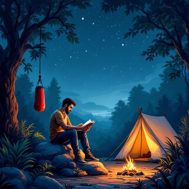 An illustrated scene captures the tranquil yet resilient vibe; a man is seated on a rock, reading a book. He’s surrounded by a vivid, lush jungle under a starry night sky. To his left, a boxing bag dangles from a tree branch. Beyond the man, a neatly pitched tent alongside a gently flickering bonfire provides a cozy illumination.
