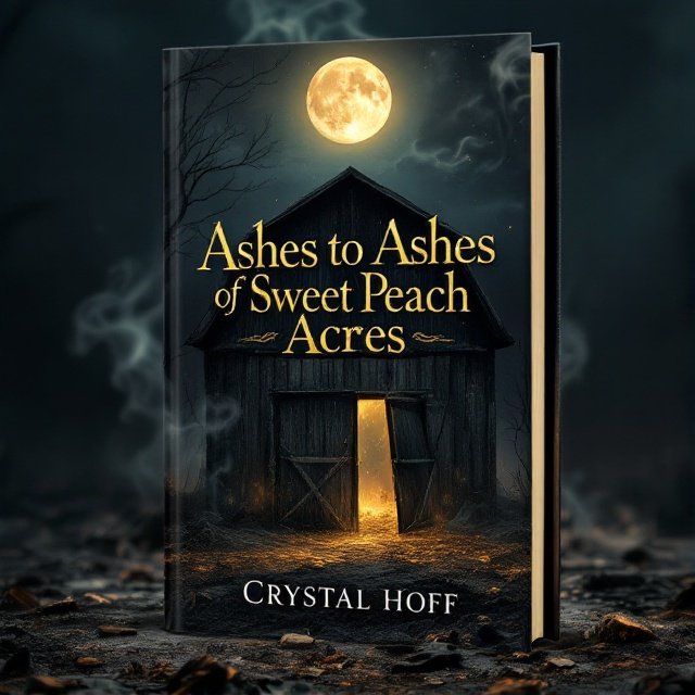 A charred, old barn standing amidst a burnt field, with faint shadows hinting at ghostly figures in the background. The barn's doors are slightly ajar, revealing a glimmer of something gold inside. Above the barn, in the night sky, a full moon illuminates the scene, casting an eerie glow. Wisps of smoke subtly form the shape of a peach above the barn.