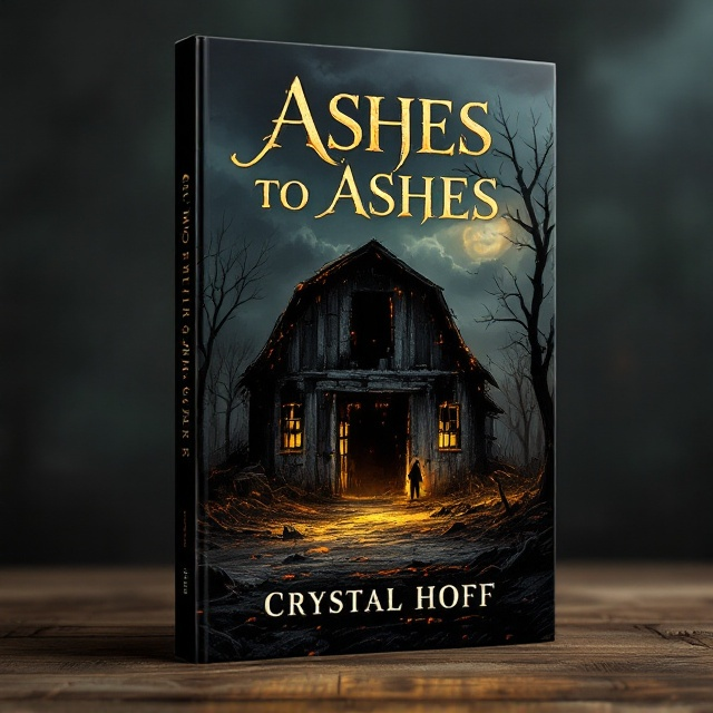 The cover features a haunting illustration of the charred remnants of the barn at Sweet Peach Acres. The background showcases a dark, cloudy sky with faint outlines of peach trees in the distance. A golden hue subtly envelops the scene, creating an eerie, mysterious ambiance. The barn sits prominently in the center, with shadows highlighting its rough textures and charred beams. A mysterious shadow at the edge of the barn hints at a hidden figure, enhancing the intrigue.