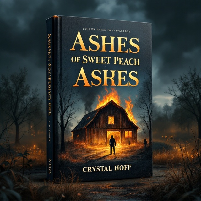 The cover features an illustrated charred barn, still smoldering with soft, curling wisps of smoke against the serene landscape of Sweet Peach Acres. A bitter sheriff, his face rugged and lined with the sorrows of unsolved mysteries, stands off to the side, half-obscured by shadows. The dark, dramatic sky looms overhead, emphasizing the somber and mysterious atmosphere. The farm’s peach trees are seen in the background, bathed in an eerie golden light. Hidden among the trees and brush are faint, shadowy figures or hints of clues.