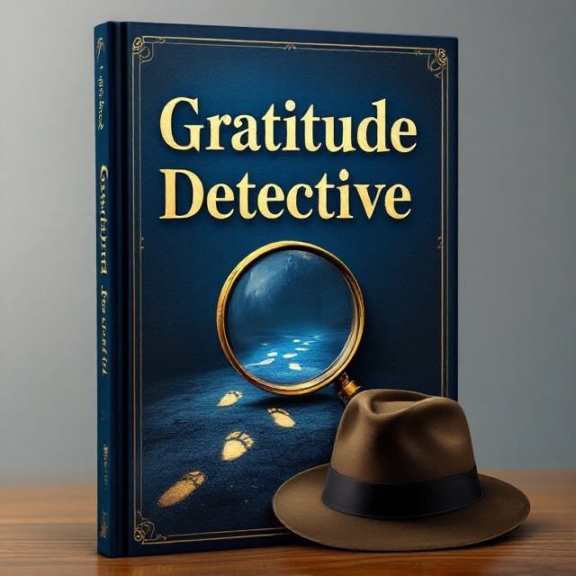 The cover features a dark midnight blue background with a subtle textured gradient. In the center, there is a large magnifying glass with intricate details, partly revealing a mysterious pattern of faint footprints leading away into the darkness. Gold accents outline the magnifying glass and highlight parts of the footprints. A detective hat, tilted slightly, sits near the book's title.