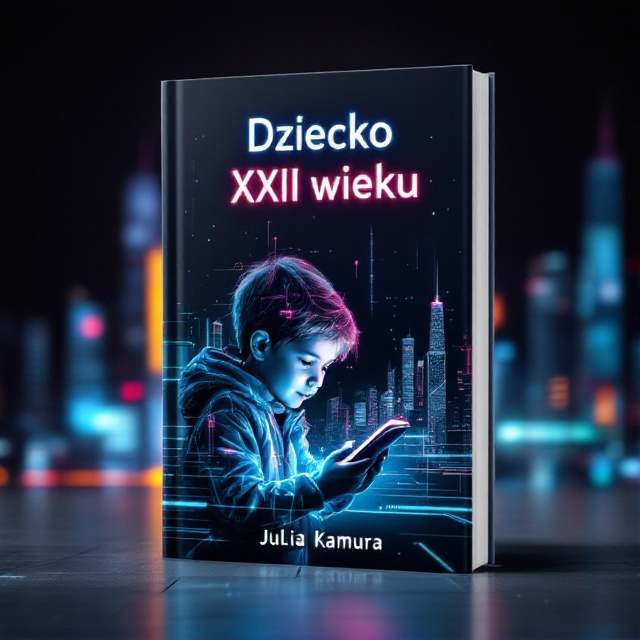 A sleek and minimalistic cover featuring a futuristic city skyline in the background with vibrant digital elements incorporated, such as holograms and light trails. In the foreground, a sketch of a smart, tech-savvy child interacting with a digital tablet, with subtle glowing accents to represent technology.