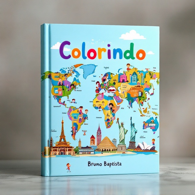 The cover depicts a light blue background with a whimsical illustrated world map. The primary tourist attractions - Christ The Redeemer, Eiffel Tower, Statue of Liberty, Big Ben, Japanese Temple, Egyptian Pyramids, and the Sydney Opera House - are colorfully highlighted at their respective world locations. Adding vibrancy are groups of animated children with various ethnic backgrounds, joyfully interacting with these landmarks.