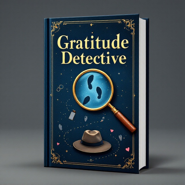 A dark midnight blue background with a subtle textured gradient. In the center, a large, intricately detailed magnifying glass revealing a faint pattern of footprints leading into the darkness. Gold accents outline the magnifying glass and highlight parts of the footprints. A tilted detective hat is placed beneath the book title. Small illustrations of detective tools spaced around the cover - magnifying glasses, footprints, a notebook, and tiny binoculars. A border of footprints surrounds the cover, with dotted paths leading to hidden hearts.