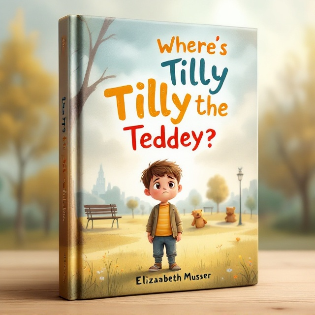 A soft illustration of a little boy with a sad expression on his face, standing in a park with various locations (playground, bench, trees) behind him. The weather looks cloudy to signify a sad and lonely mood. The teddy bear is slightly hidden behind a tree but visible enough for the readers to spot. As the viewer’s eye moves toward the top of the cover, the sky clears up to a brighter hue, indicating a hopeful and happy outcome.