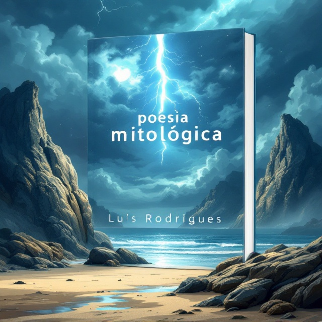 The cover features a serene vector art scene, showcasing two rocky outcrops in the foreground with a mystical atmosphere. The right rock displays symbols of Norse mythology Thor’s hammer, Mjölnir, and Hades’s helmet, the Cap of Invisibility. The left rock carries Poseidon’s Trident, capturing Greek lore. The center features a tranquil stretch of beach with Odin’s distinctive eye patch resting gently in the sand. Above, a dramatic sky is pierced by a bright lightning bolt from Zeus, illuminating the entire cover.
