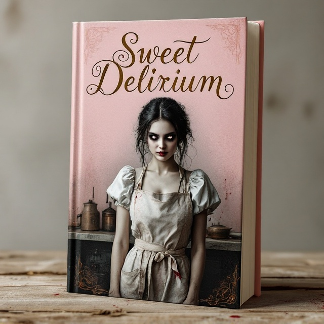 [On a pastel pink background, the top features the title "Sweet Delirium" in flowing gold cursive, framed by intricate vintage flourishes. Mira's unsettling expression is central, with her dark, gleaming eyes and twisted smile. A faint bloodstained knife outline is visible beneath her delicate apron. The bottom transitions to a shadowy kitchen scene, with darkened edges, vintage jars, copper pots, and a hint of industrial steel, creating a contrast with the innocent bakery theme. Faint blood drips accentuate the covert danger.].