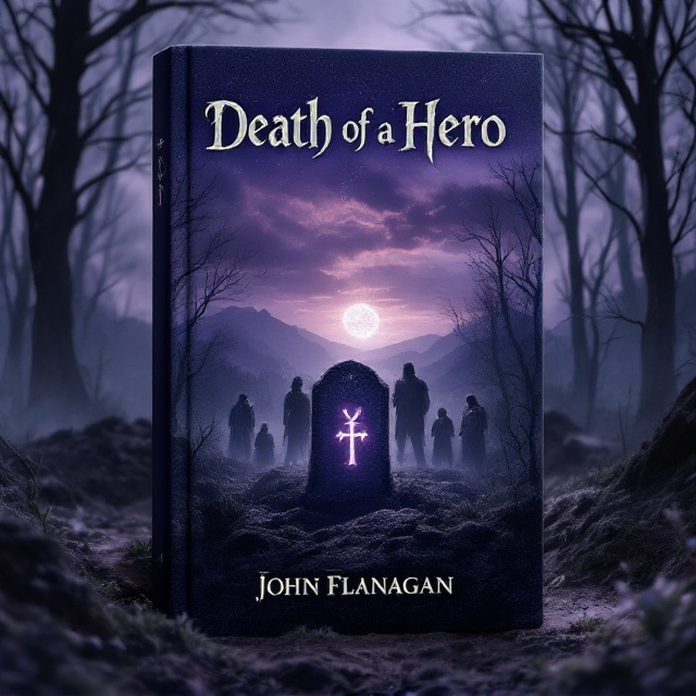 A somber, twilight woodland scene where rangers in medieval attire gather around a freshly dug grave. Overhead, the sky is tinged with shades of purple and grey, broken by the silhouettes of barren trees and distant mountains. In the foreground, a gravestone stands adorned with a softly glowing magical rune, partially obscured by shadows. In the background, faint apparitions of the hero’s past deeds weave through the mist.