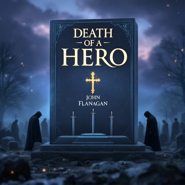 A serene graveyard with a central, slightly elevated grave marked by swords planted near its head. Surrounding the grave are rangers in black cloaks, solemnly bowing their heads in respect. The background is a majestic twilight sky with hints of magical elements like faint glowing runes and ethereal hues.