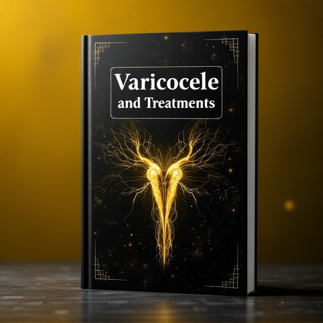 A close-up of a scientific illustration of testicular veins prominently placed in the center, with subtle texture overlays and molecular patterns scattered around. The background is a gradient of yellow blending into black, symbolizing both hope and the serious nature of medical science. The center image is encased in a geometric frame representing precision and research.