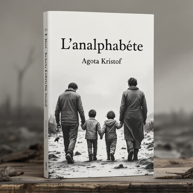 A monochromatic drawing of a young child holding hands with his parents, all appearing weary and sad as they walk through a desolate landscape. The child clutches a small, worn toy. There is a bleak, overcast sky in the background, further enhancing the melancholy mood. The scene is framed with soft edges, as if seen through an old photograph.